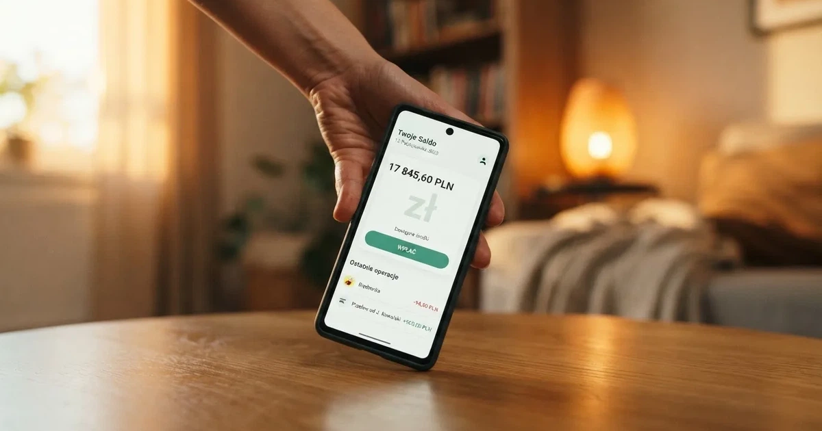 Dłoń trzymająca smartfon z otwartym ekranem salda konta gracza i przyciskiem wpłaty na ePortfel