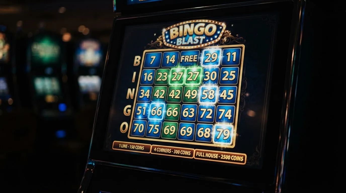 Ekran automatu do gry z kolorową planszą w stylu bingo i podświetlonymi liczbami