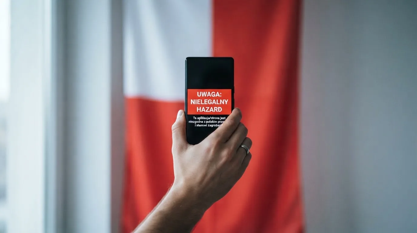 Dłoń trzymająca telefon z widocznym komunikatem ostrzegawczym o legalności hazardu online na tle biało-czerwonej flagi Polski.