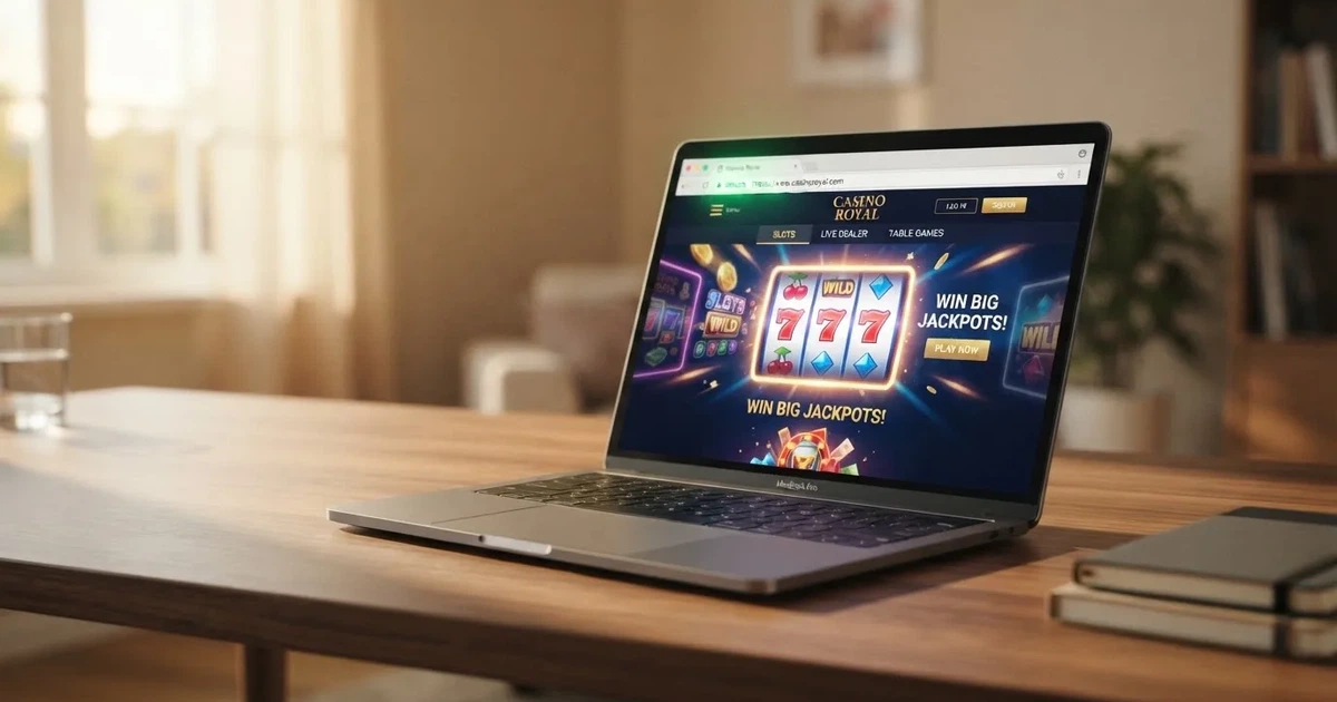 Laptop na biurku z otwartą stroną kasyna internetowego i ikoną kłódki szyfrowania w pasku adresu przeglądarki