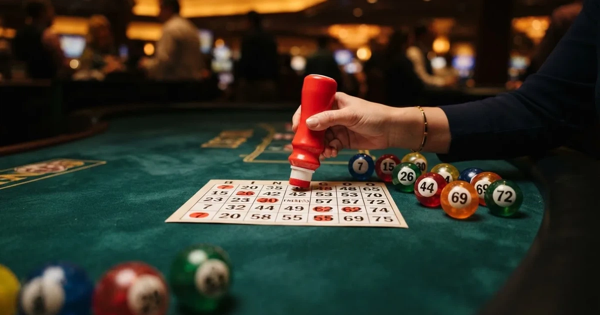 Karta do bingo z odznaczonymi liczbami obok wylosowanych kulek na stole w kasynie online