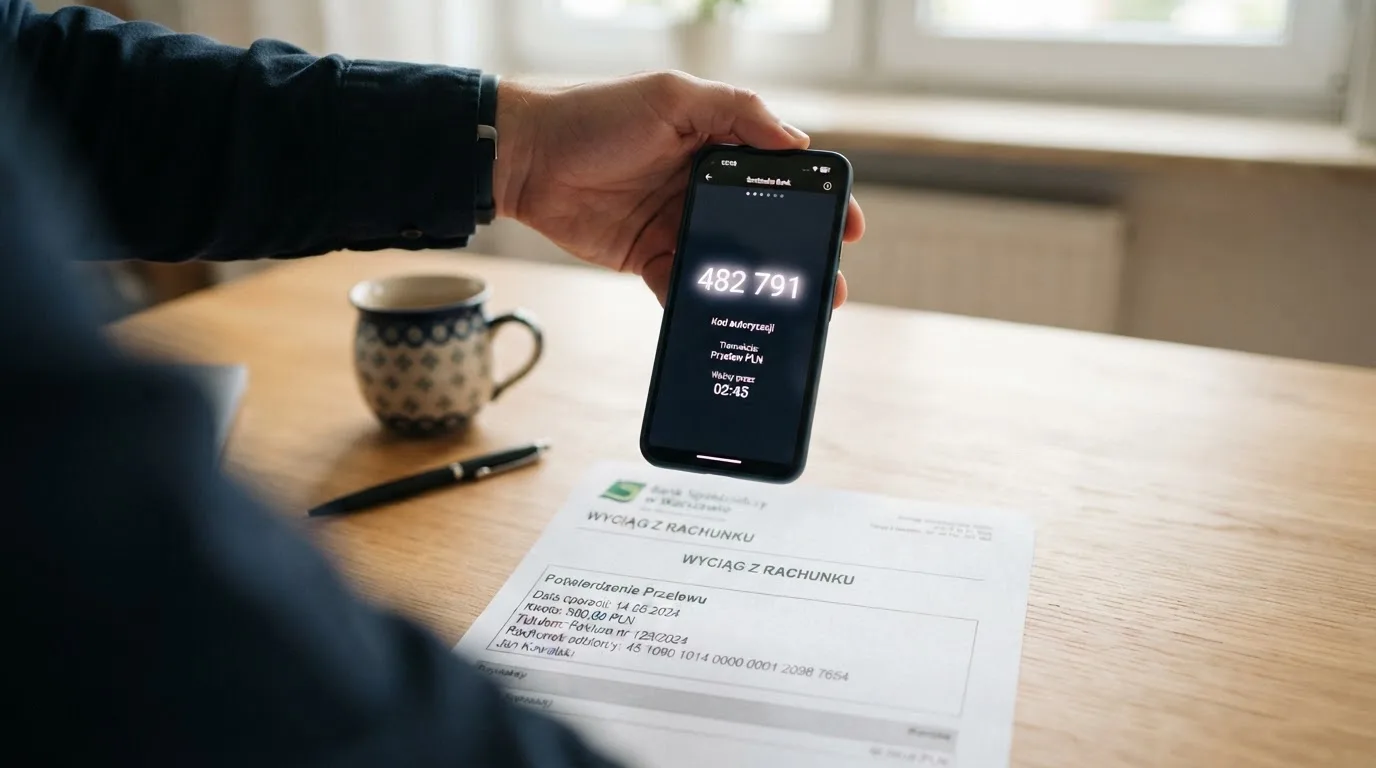 Dłoń trzymająca smartfon z sześciocyfrowym kodem BLIK obok wyciągu bankowego z przelewem wypłaty na rachunek gracza