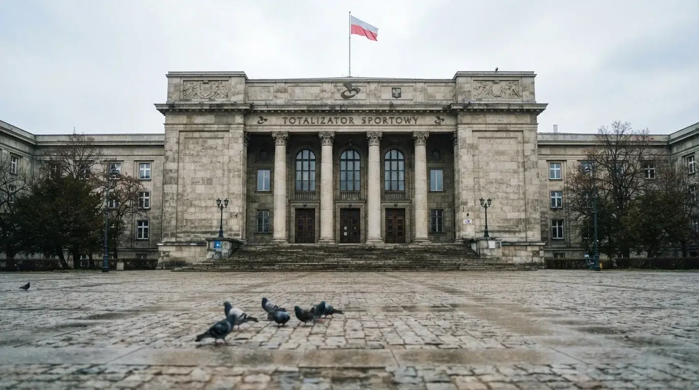Fasada budynku instytucji państwowej z flagą Polski, symbol nadzoru regulatora nad rynkiem gier hazardowych