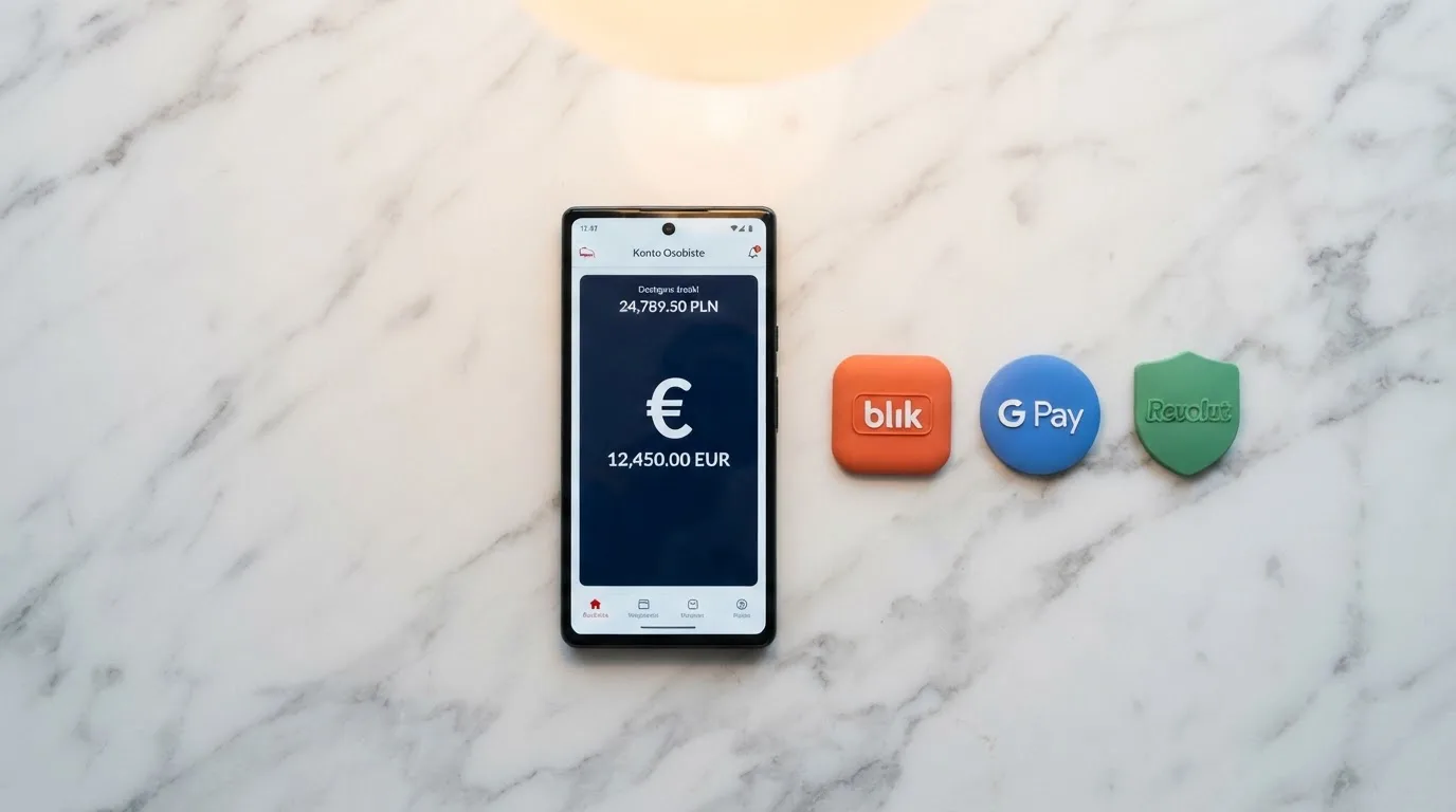 Ikony popularnych elektronicznych portfeli płatniczych obok telefonu z otwartą aplikacją bankową