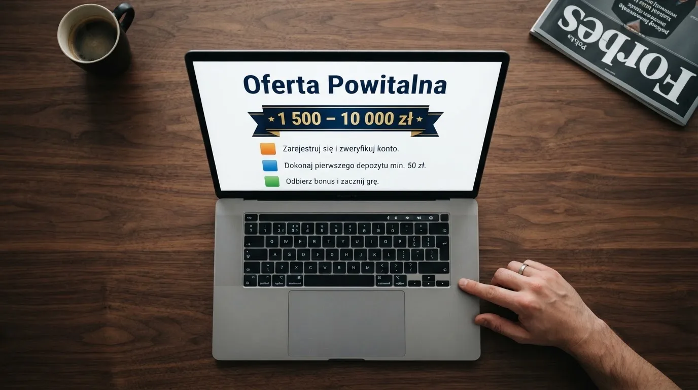 Widok z góry na laptop z otwartą tabelą porównawczą ofert powitalnych kilku serwisów kasynowych