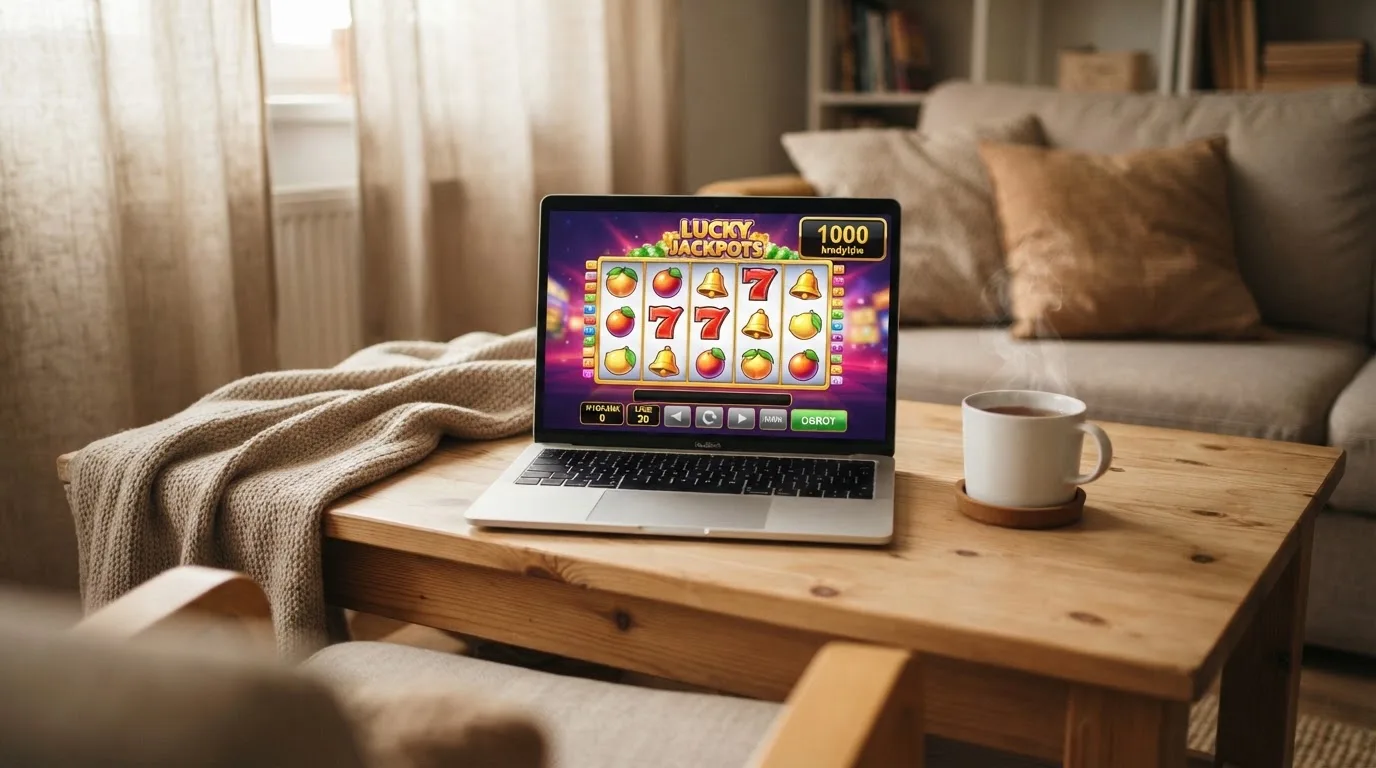 Ekran laptopa z automatem w trybie demo i saldem wirtualnych kredytów, obok kubek herbaty na stole w salonie