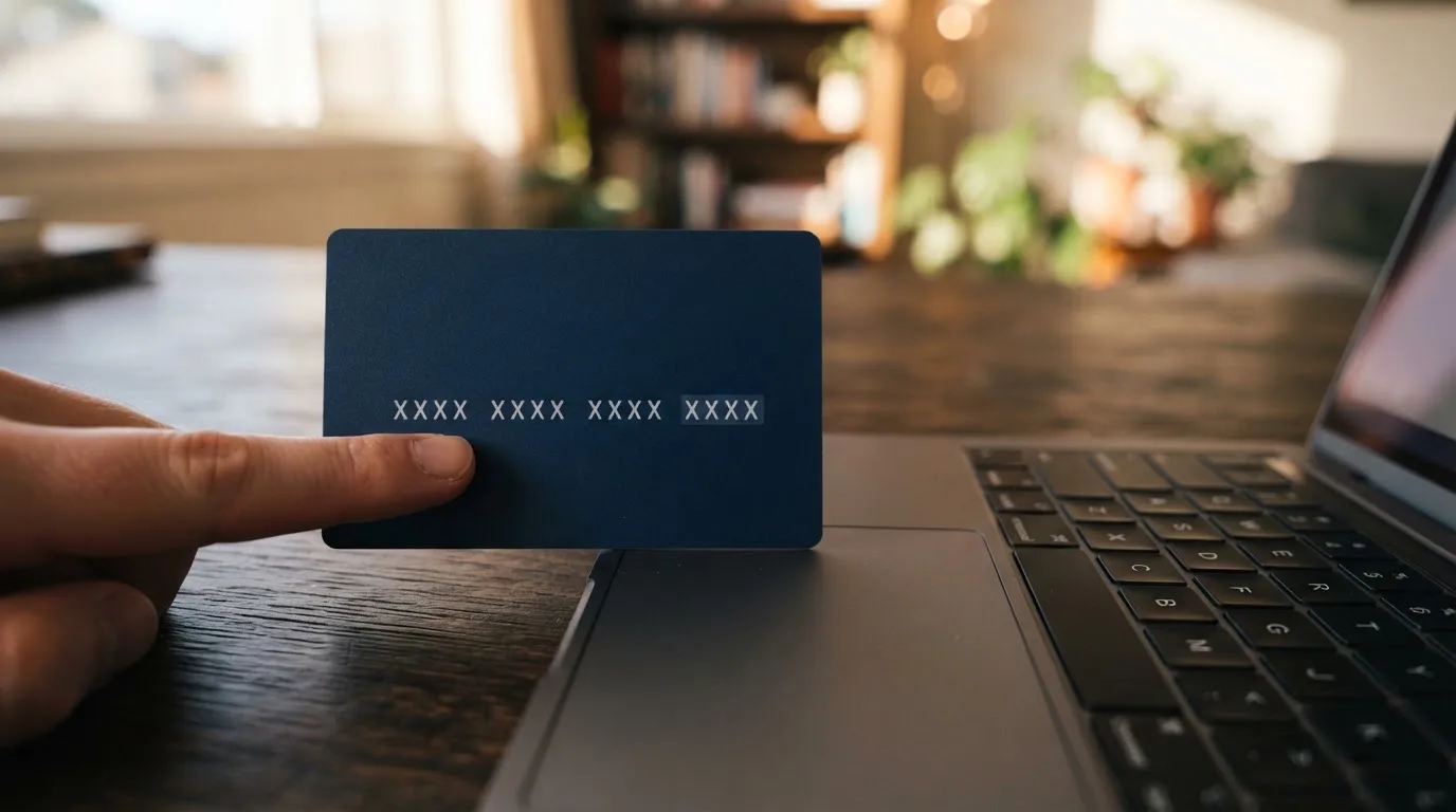 Karta przedpłacona Paysafecard z zasłoniętym polem kodu PIN obok klawiatury laptopa