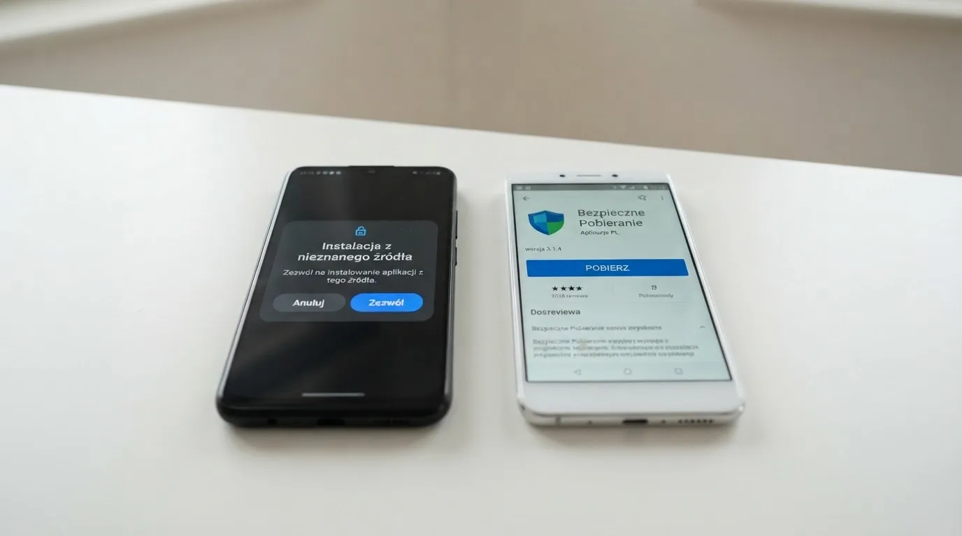 Dwa telefony obok siebie: na jednym komunikat zgody na instalację pliku APK z nieznanego źródła, na drugim strona aplikacji w sklepie z przyciskiem pobierania