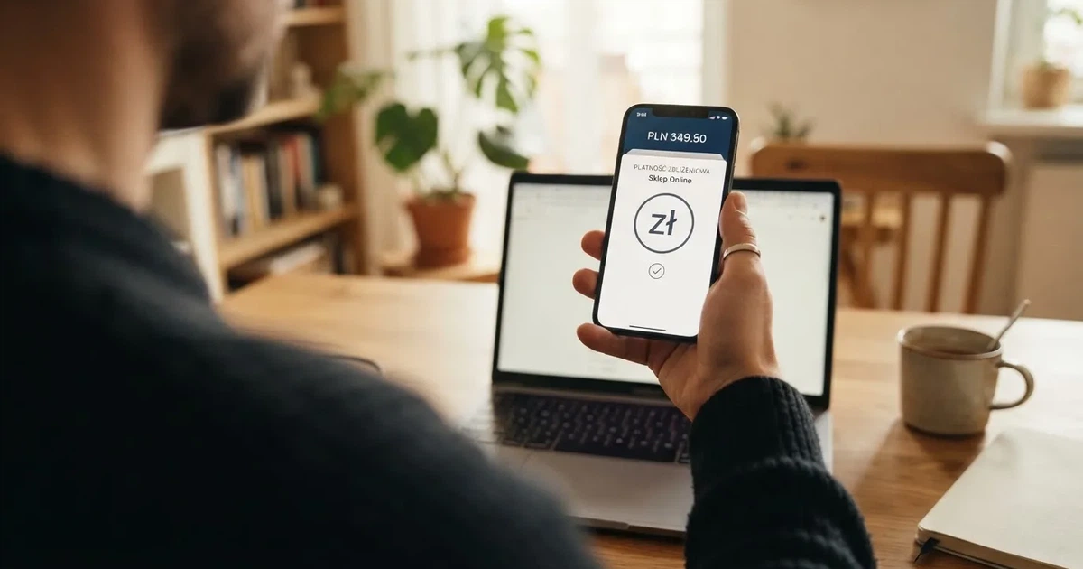 Dłoń trzymająca smartfon z ekranem płatności mobilnej nad klawiaturą laptopa