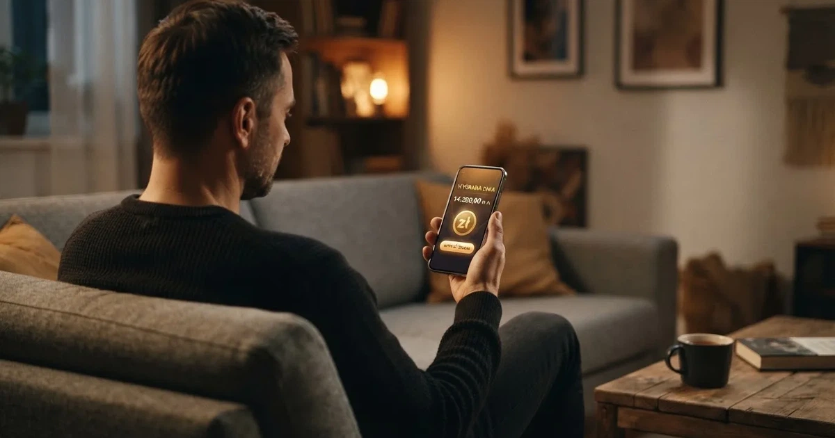 Dorosły mężczyzna na kanapie trzyma smartfon z Androidem, na ekranie saldo konta gracza w złotych obok przycisku wypłaty