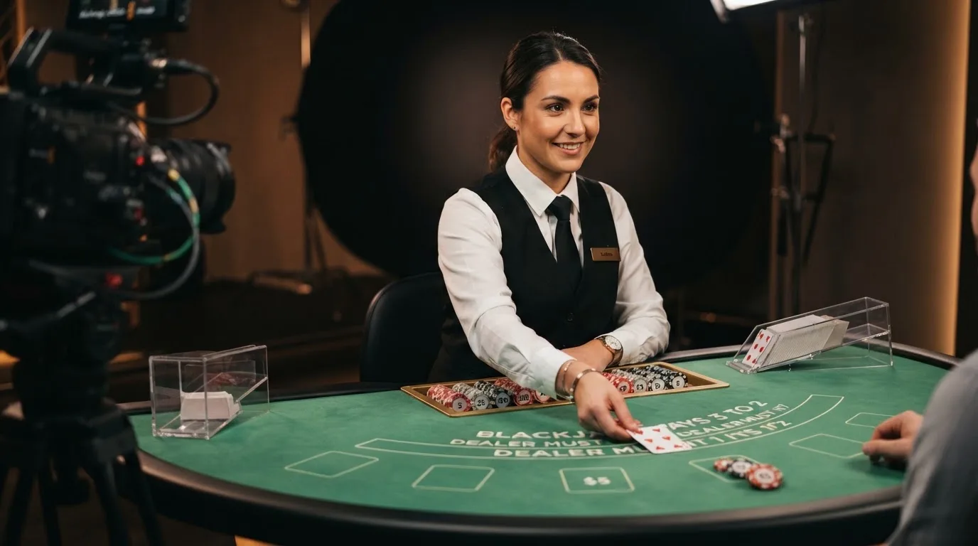 Krupier rozdający karty przy stole blackjacka podczas transmisji na żywo