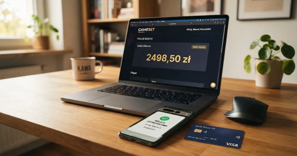 Laptop z otwartym saldem konta gracza w złotych obok karty płatniczej i telefonu z oknem potwierdzenia wpłaty