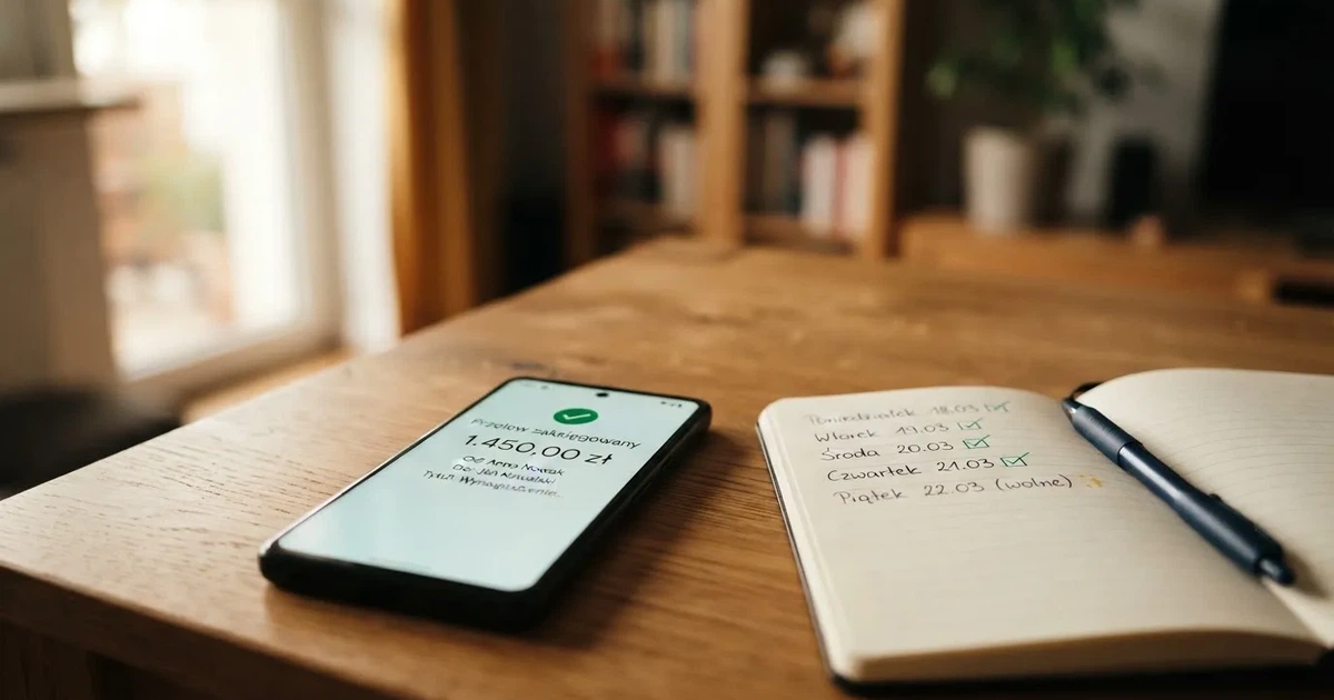 Smartfon z powiadomieniem o zaksięgowanym przelewie przychodzącym, obok papierowy kalendarz z zakreśloną sobotą i niedzielą