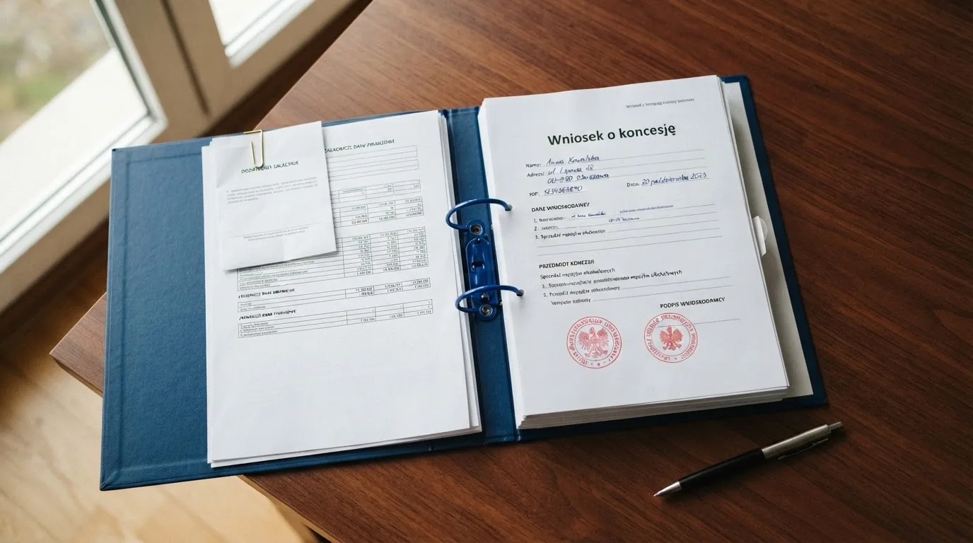 Segregator z wnioskiem o koncesję na kasyno gry, wydrukiem sprawozdania finansowego i urzędową pieczątką leżący na biurku