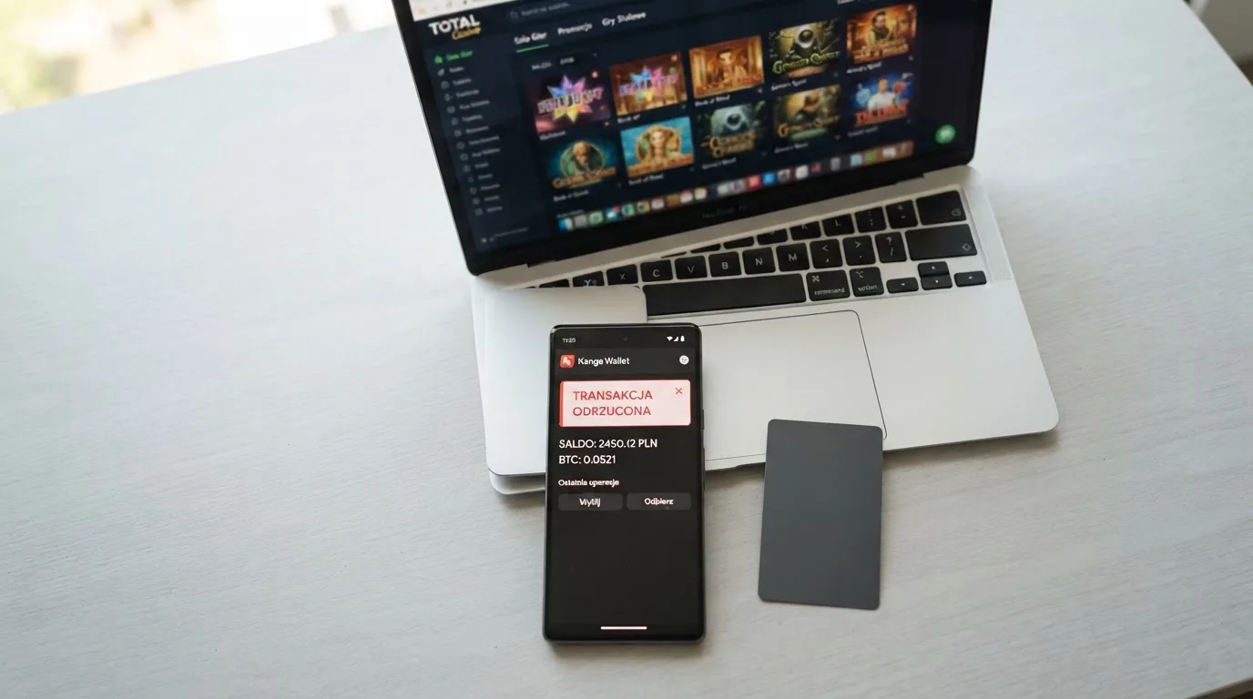 Smartfon z otwartym portfelem kryptowalut i komunikatem o odrzuconej płatności leżący obok laptopa
