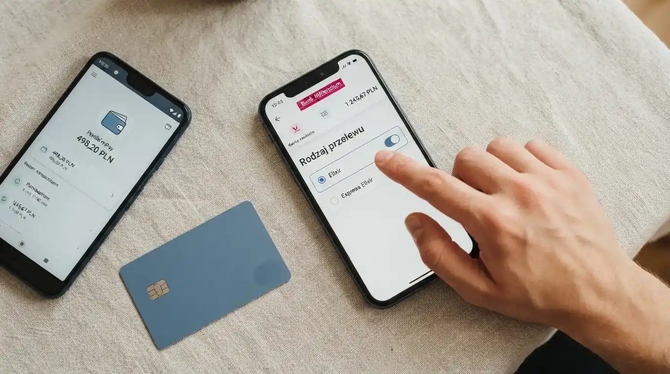 Ekran aplikacji bankowej z wyborem rodzaju przelewu, obok karta płatnicza i telefon z otwartym e-portfelem bez logotypów