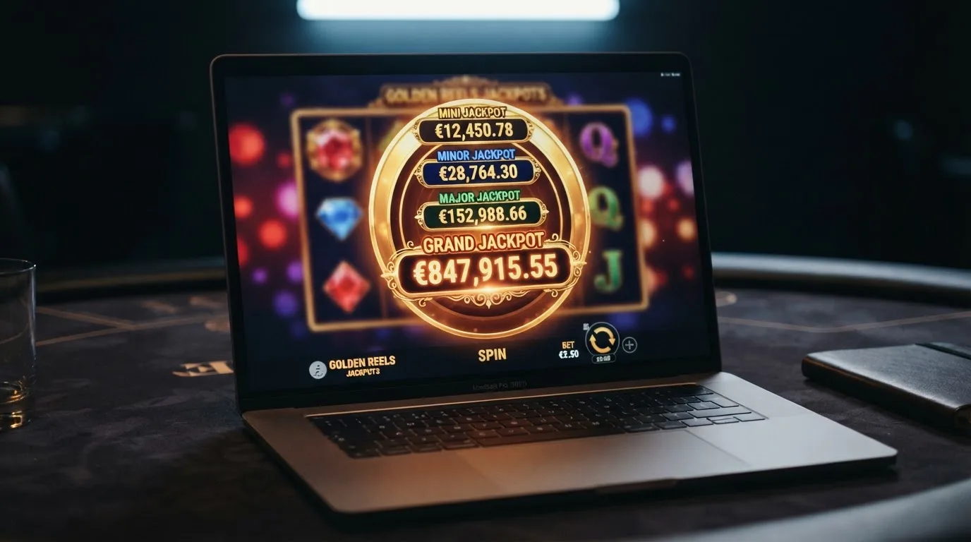 Kołowy wskaźnik jackpota z czterema poziomami nagród na ekranie automatu online, rosnąca pula w tle