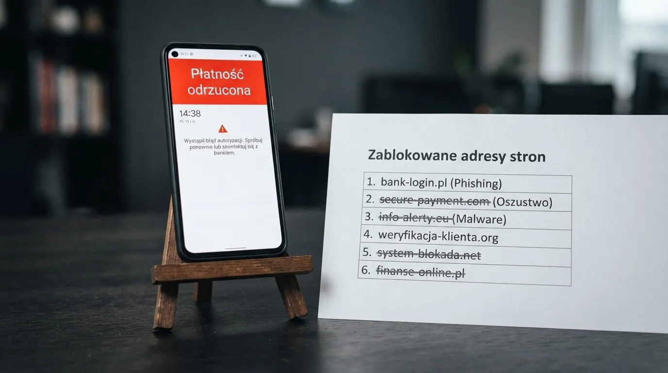 Telefon z komunikatem o odrzuconej płatności na ekranie, obok wydruk tabeli z listą zablokowanych adresów stron