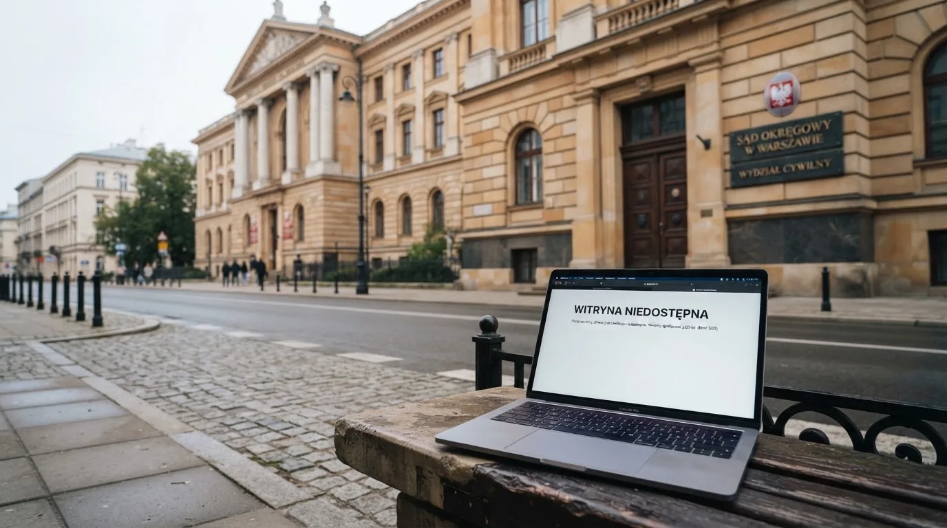 Budynek urzędu z tablicą ministerstwa, na pierwszym planie laptop z komunikatem o zablokowanej stronie kasyna