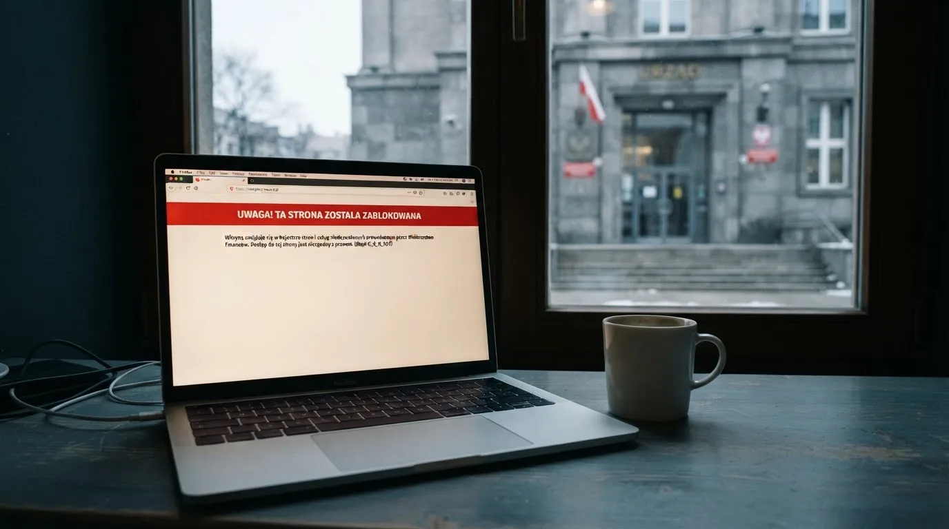 Laptop z komunikatem o zablokowanej stronie hazardowej, w tle budynek urzędu z tablicą ministerstwa