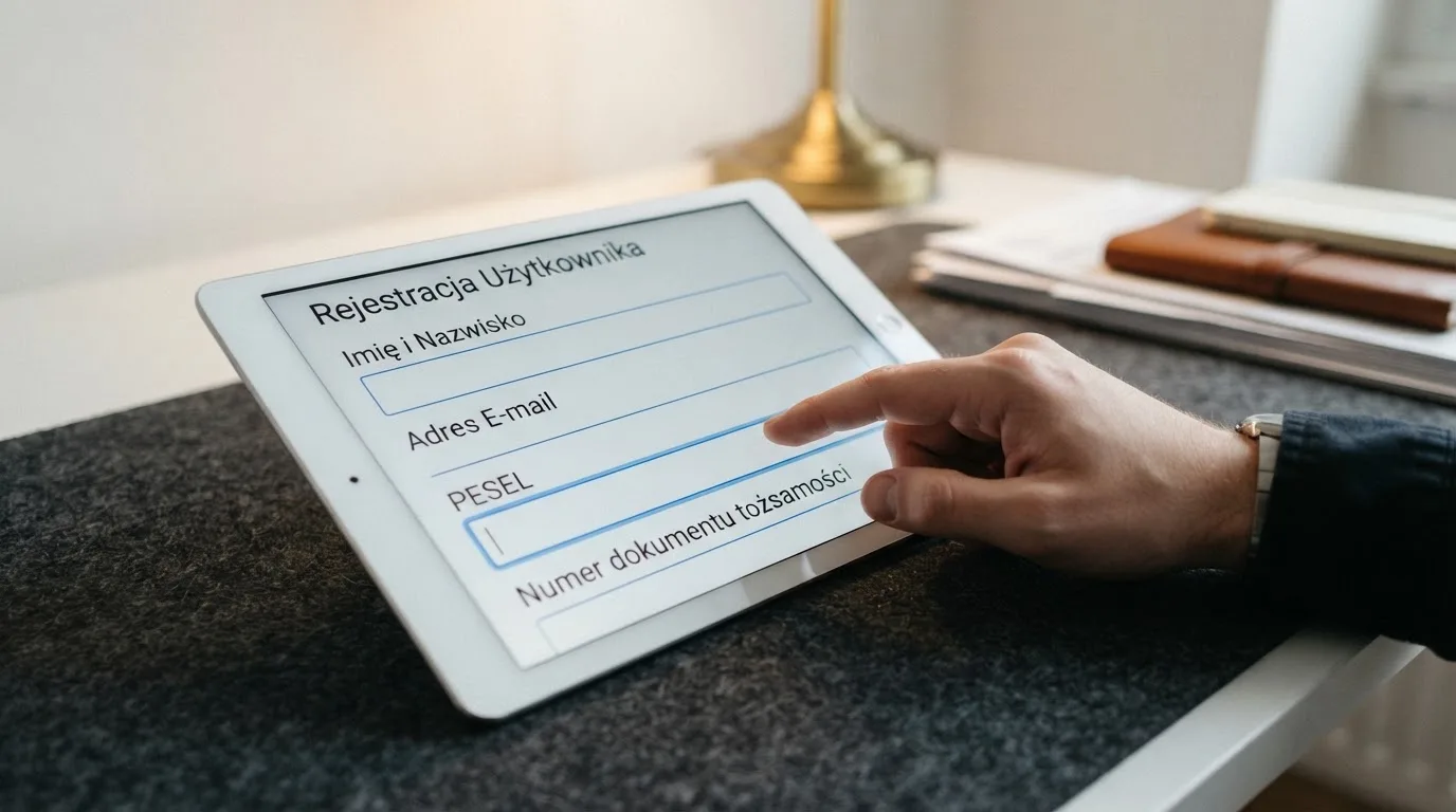 Formularz rejestracji konta gracza z polami na PESEL i numer dokumentu tożsamości na ekranie tabletu