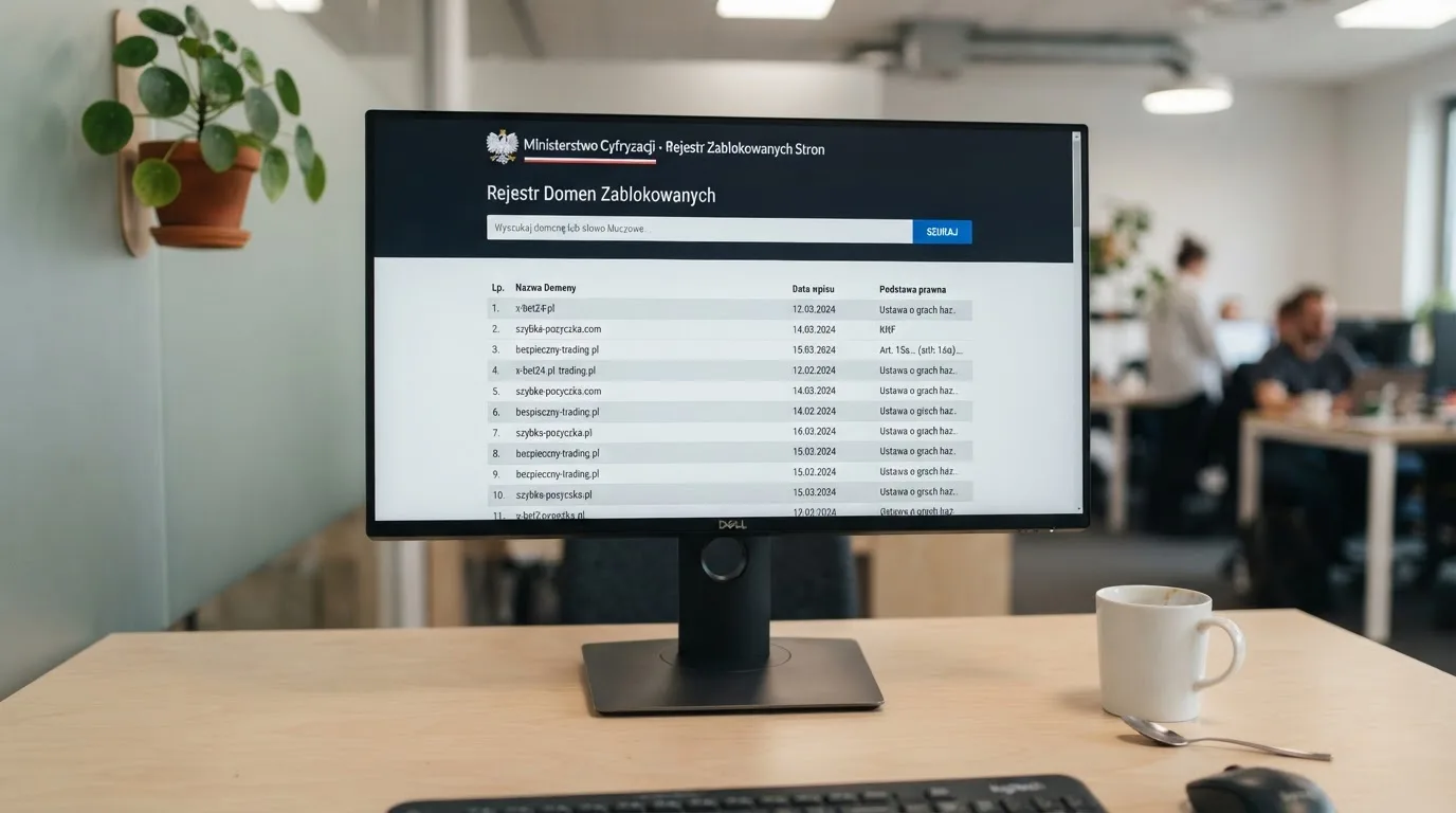 Ekran komputera z otwartą wyszukiwarką rejestru domen Ministerstwa Finansów i listą zablokowanych adresów stron hazardowych