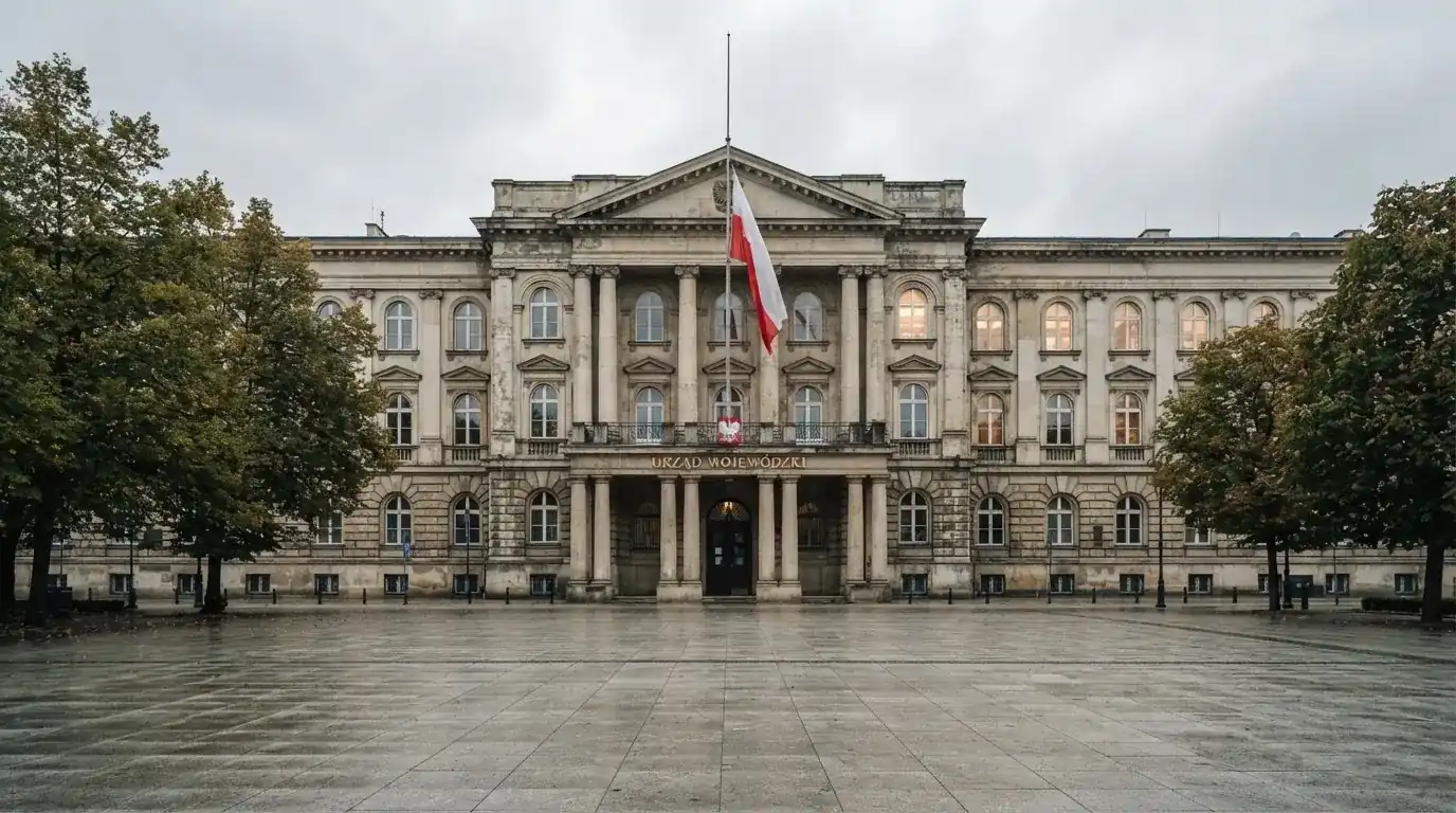Budynek urzędu administracji państwowej z flagą Polski na maszcie w tle