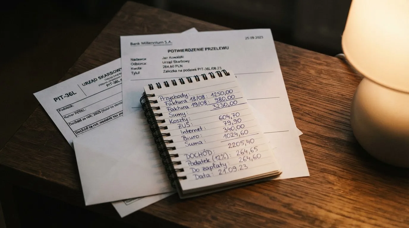 Kalkulator i formularz podatkowy leżące obok wydruku potwierdzenia przelewu wygranej
