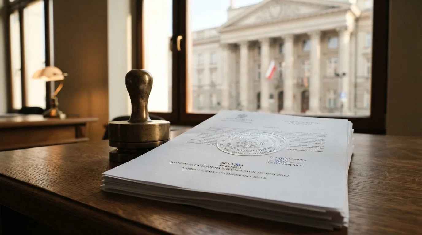 Stos dokumentów urzędowych i pieczęć na biurku, w tle sylwetka budynku administracji publicznej
