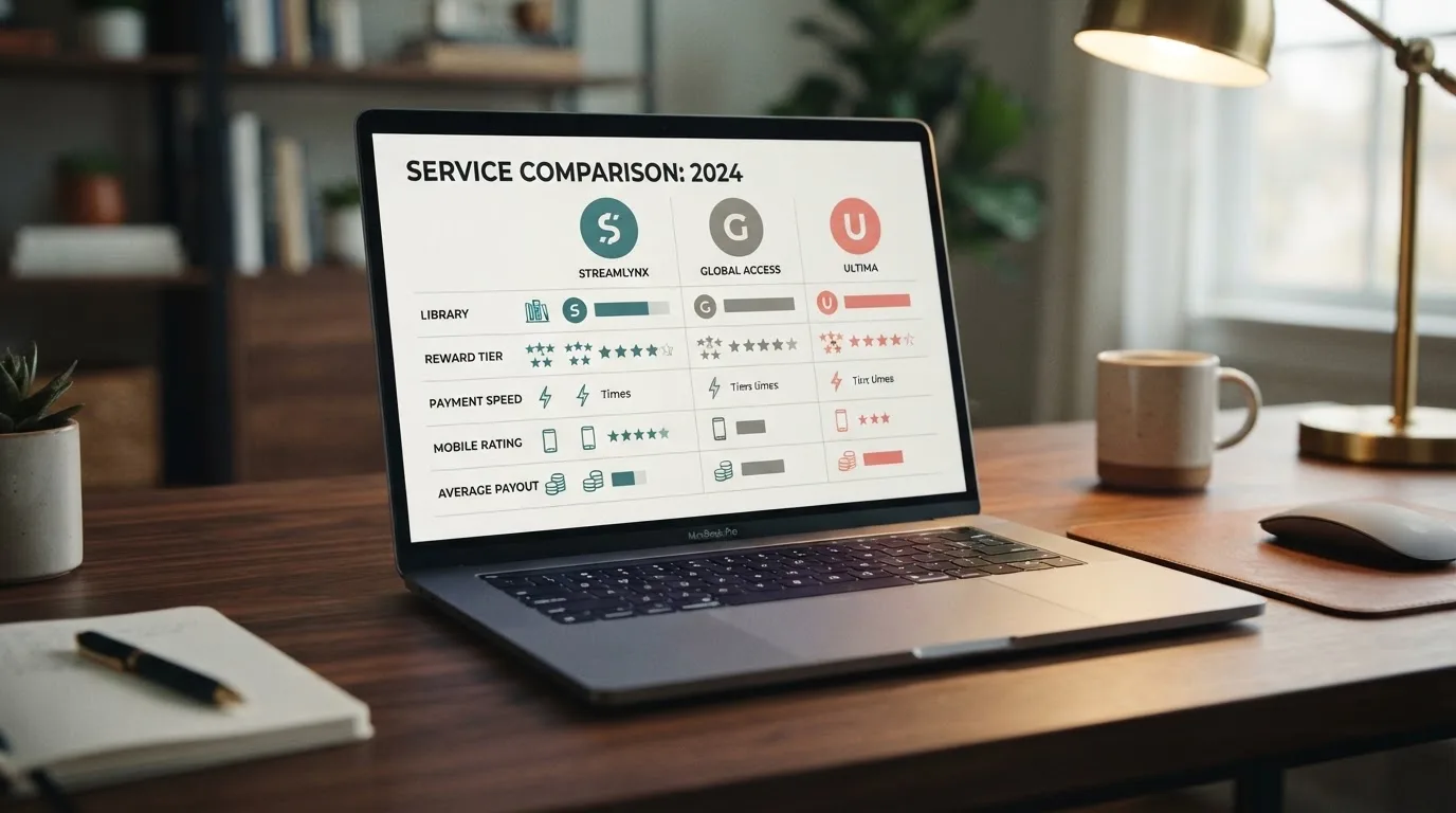 Ekran laptopa z tabelą porównawczą kilku serwisów kasynowych, bez widocznych logotypów marek