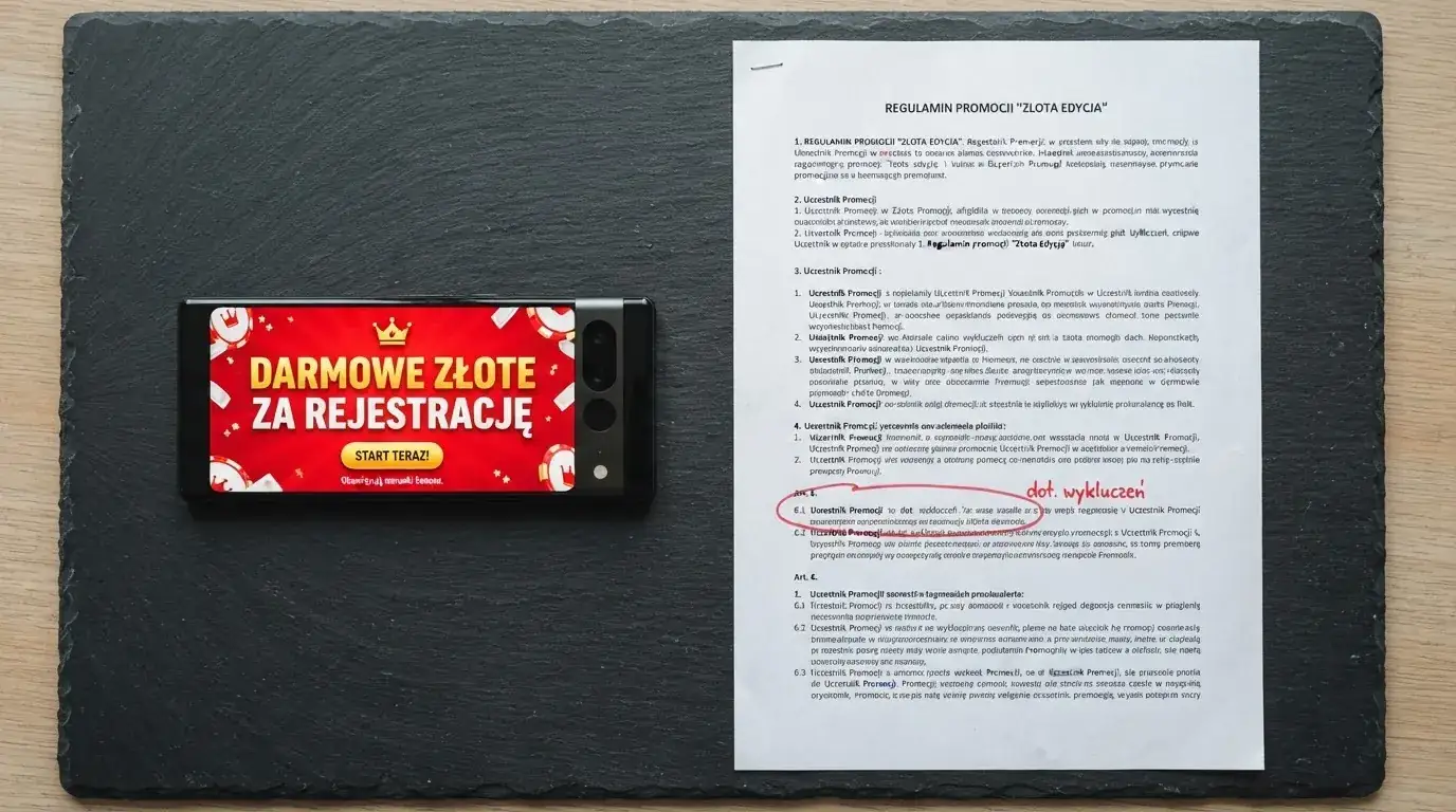 Telefon z banerem obiecującym darmowe złotówki za założenie konta, obok wydrukowany tekst ustawy o grach hazardowych z zaznaczonym artykułem