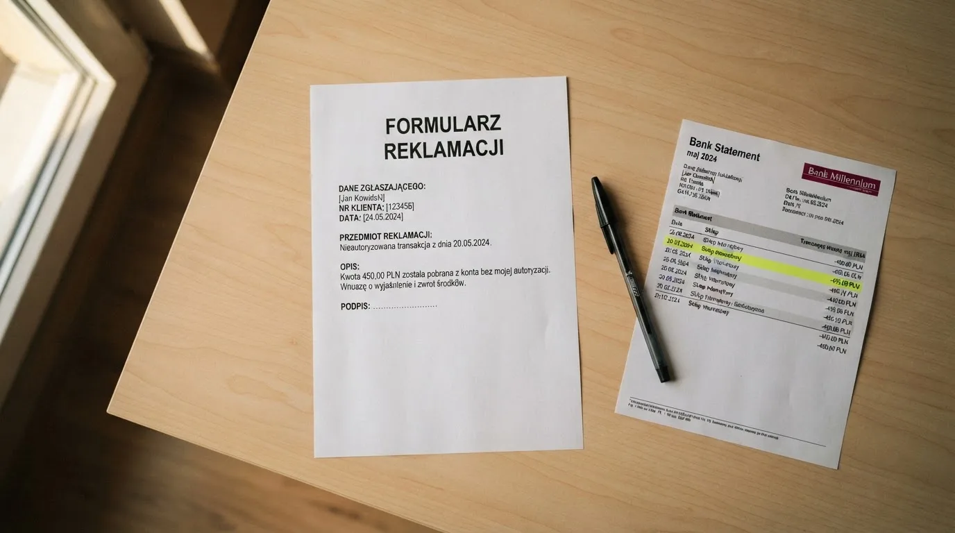 Wydrukowany formularz reklamacji leżący na biurku obok długopisu i wyciągu bankowego z zakreśloną pozycją