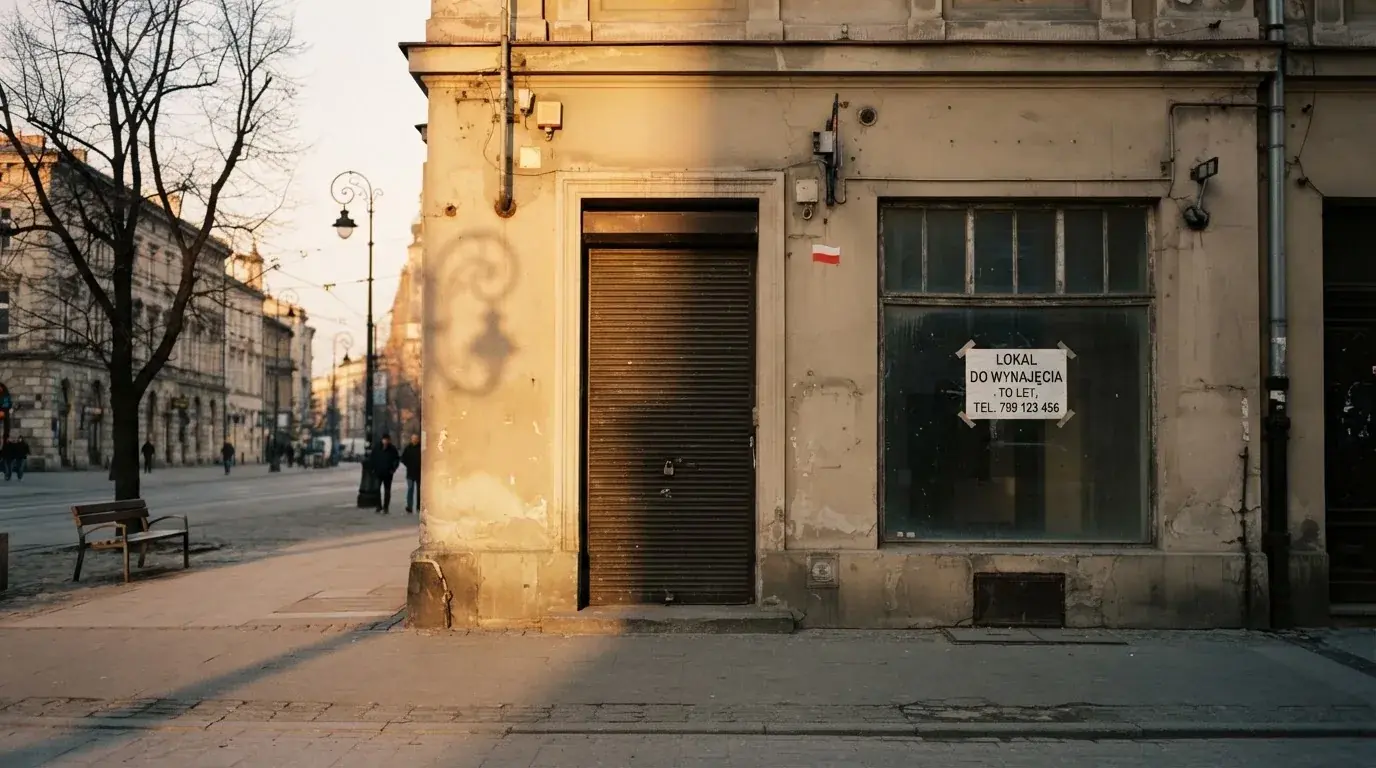 Pusty, zamknięty lokal handlowy z tabliczką „do wynajęcia”, symbolizujący brak działających salonów gry bingo pieniężne