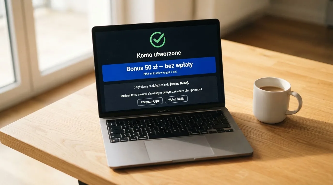 Ekran potwierdzenia założenia konta gracza w kasynie internetowym z komunikatem o bonusie startowym bez wpłaty