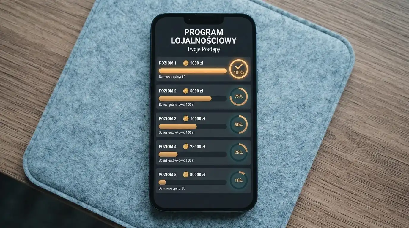 Ekran aplikacji kasyna z listą kolejnych bonusów od wpłaty i licznikiem wymaganego obrotu